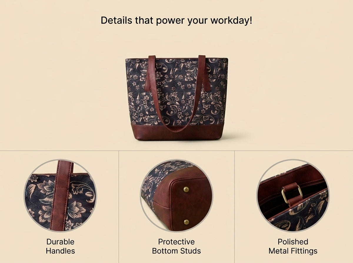 HandyJute Women's Floral Printed Jute Office Tote Bag