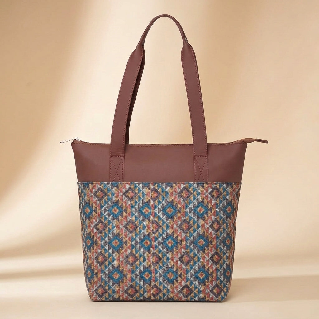 HandyJute Multicolor Geometric Print Tote Bag with Brown Handles for Women