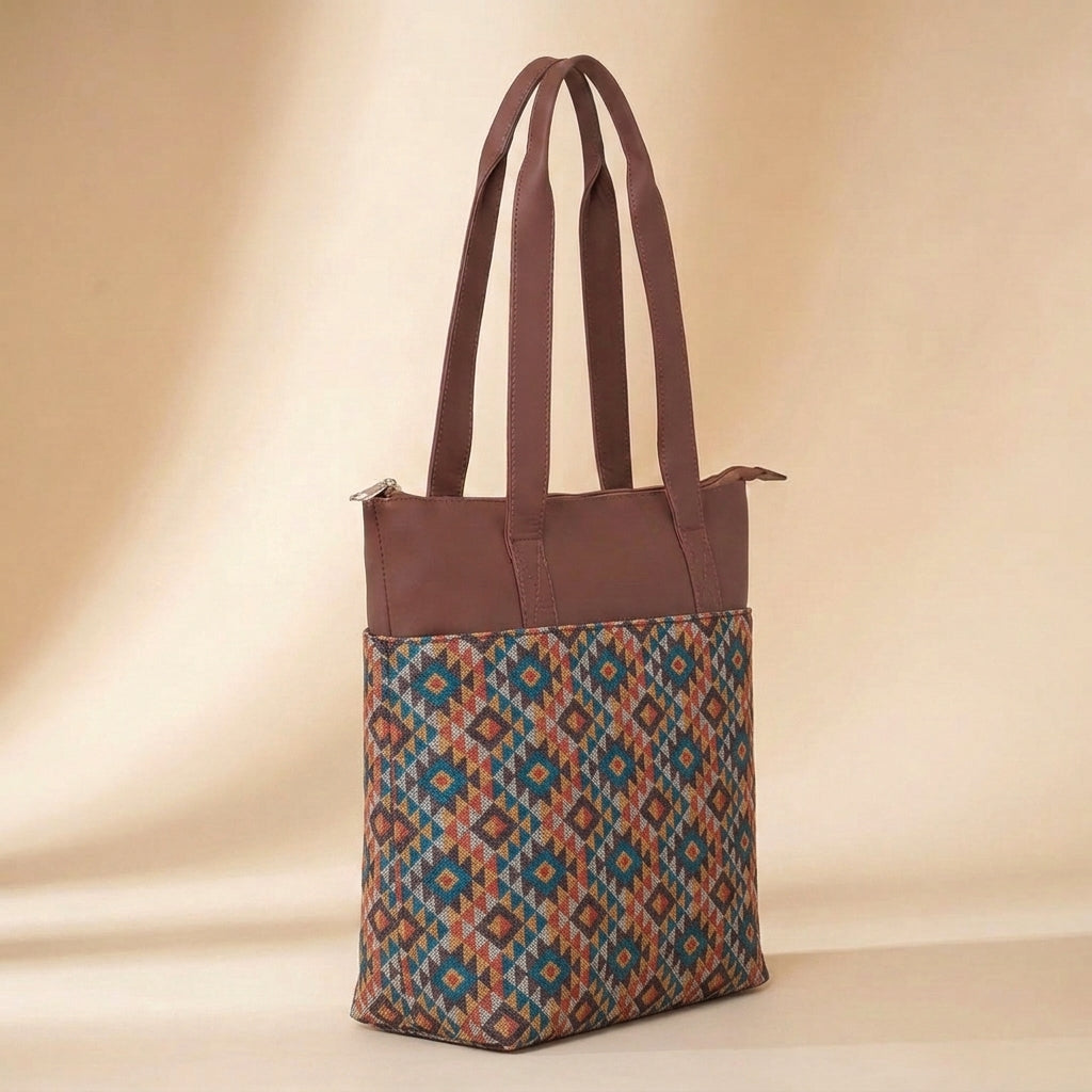 HandyJute Multicolor Geometric Print Tote Bag with Brown Handles for Women