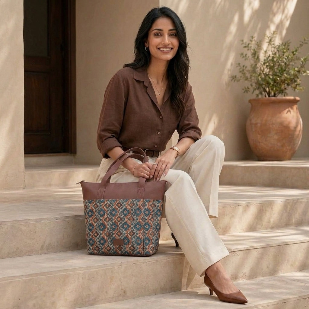 HandyJute Multicolor Geometric Print Tote Bag with Brown Handles for Women