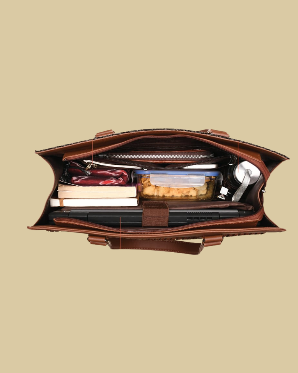 Brown leather briefcase with items inside on a beige background