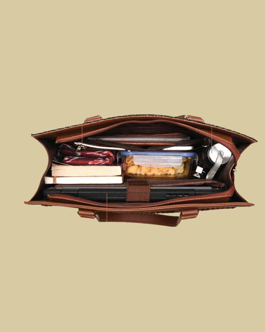 Brown leather briefcase with items inside on a beige background