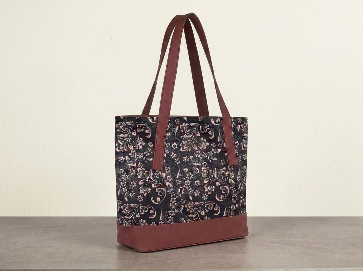 HandyJute Women's Floral Printed Jute Office Tote Bag