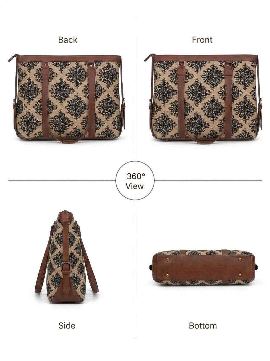 Beige & Black Damask office bag for women