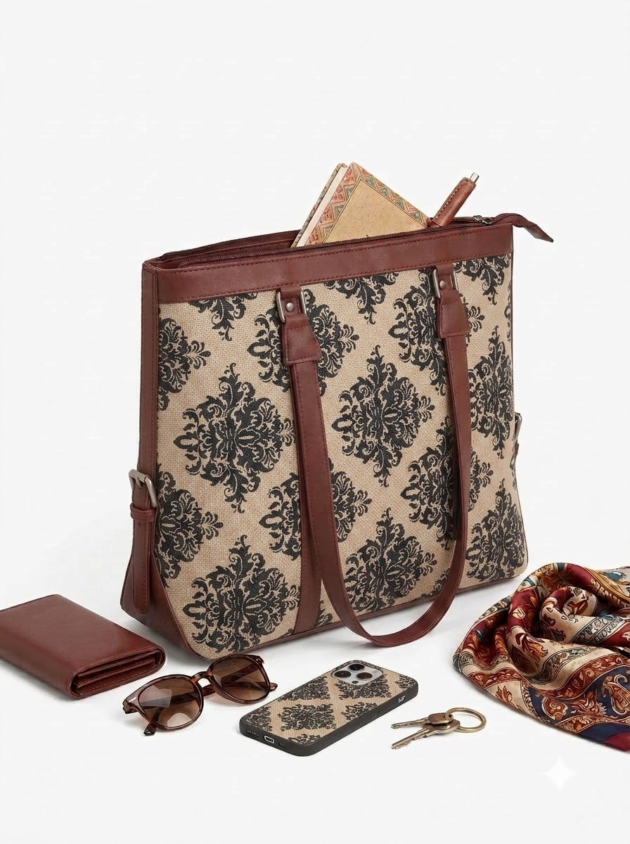 Beige & Black Damask office bag for women
