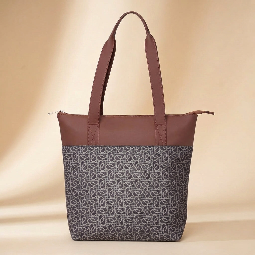 HandyJute Grey and Beige Abstract Geometric Print Tote Bag with Brown Handles for Women