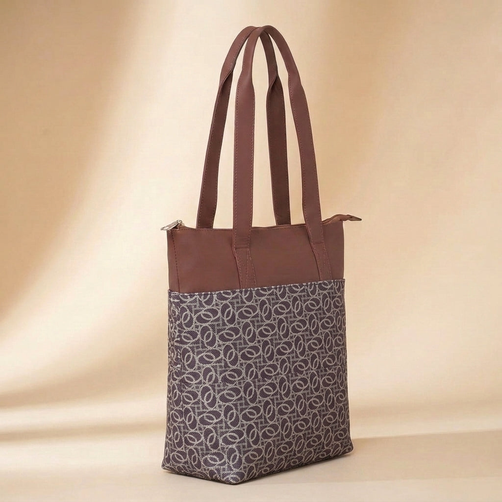 HandyJute Grey and Beige Abstract Geometric Print Tote Bag with Brown Handles for Women
