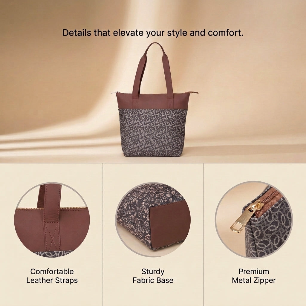 HandyJute Grey and Beige Abstract Geometric Print Tote Bag with Brown Handles for Women