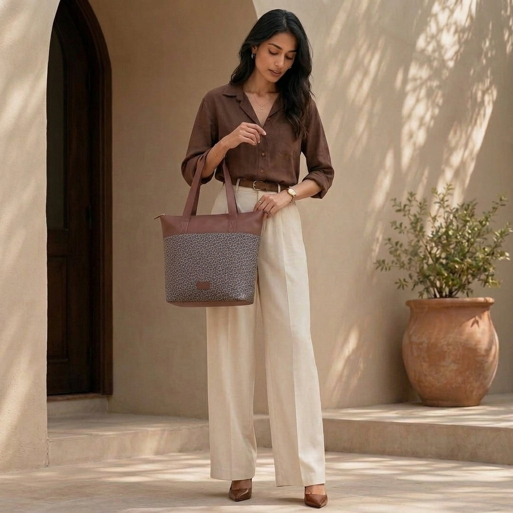 HandyJute Grey and Beige Abstract Geometric Print Tote Bag with Brown Handles for Women