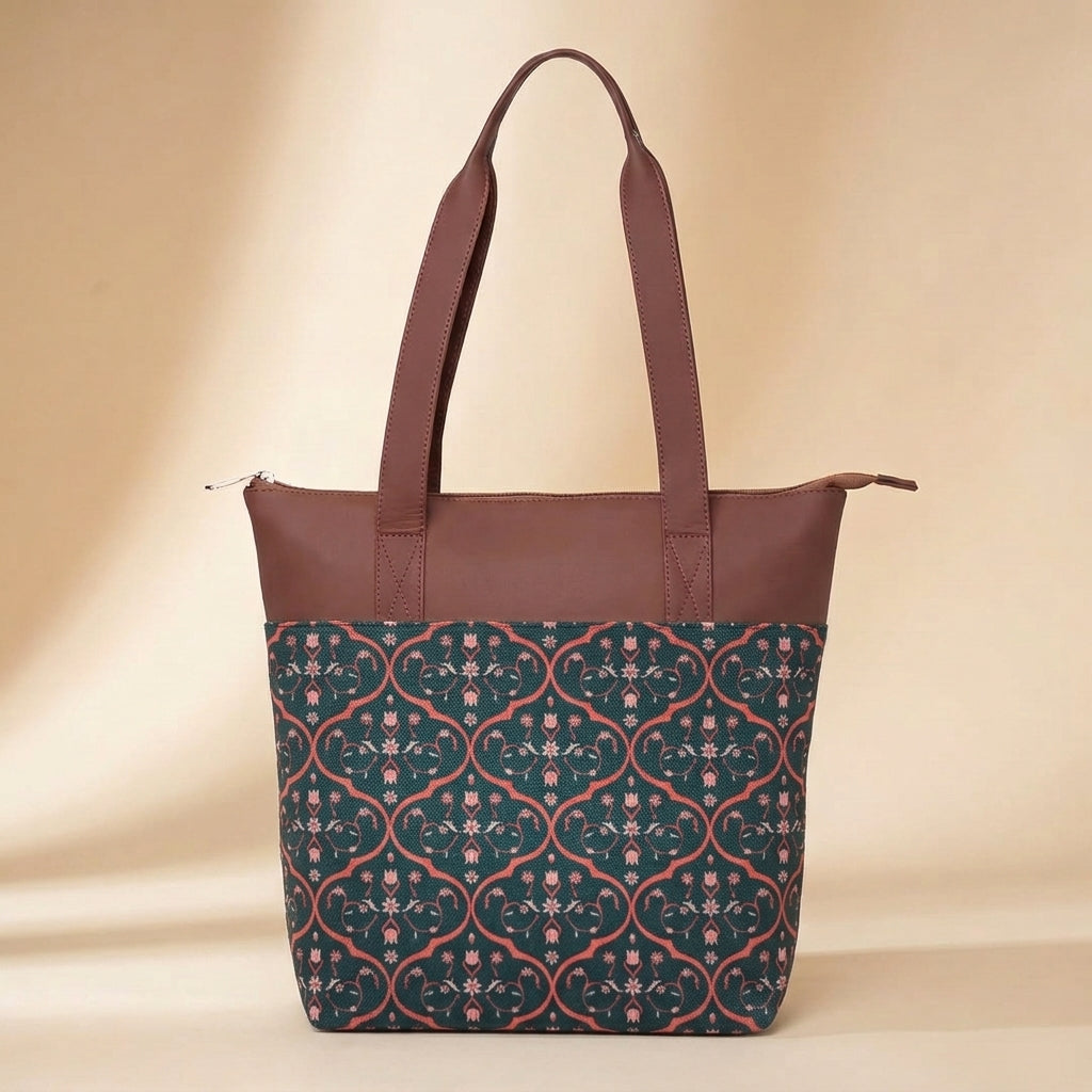 HandyJute Dark Green and Pink Floral Print Tote Bag with Brown Handles for Women