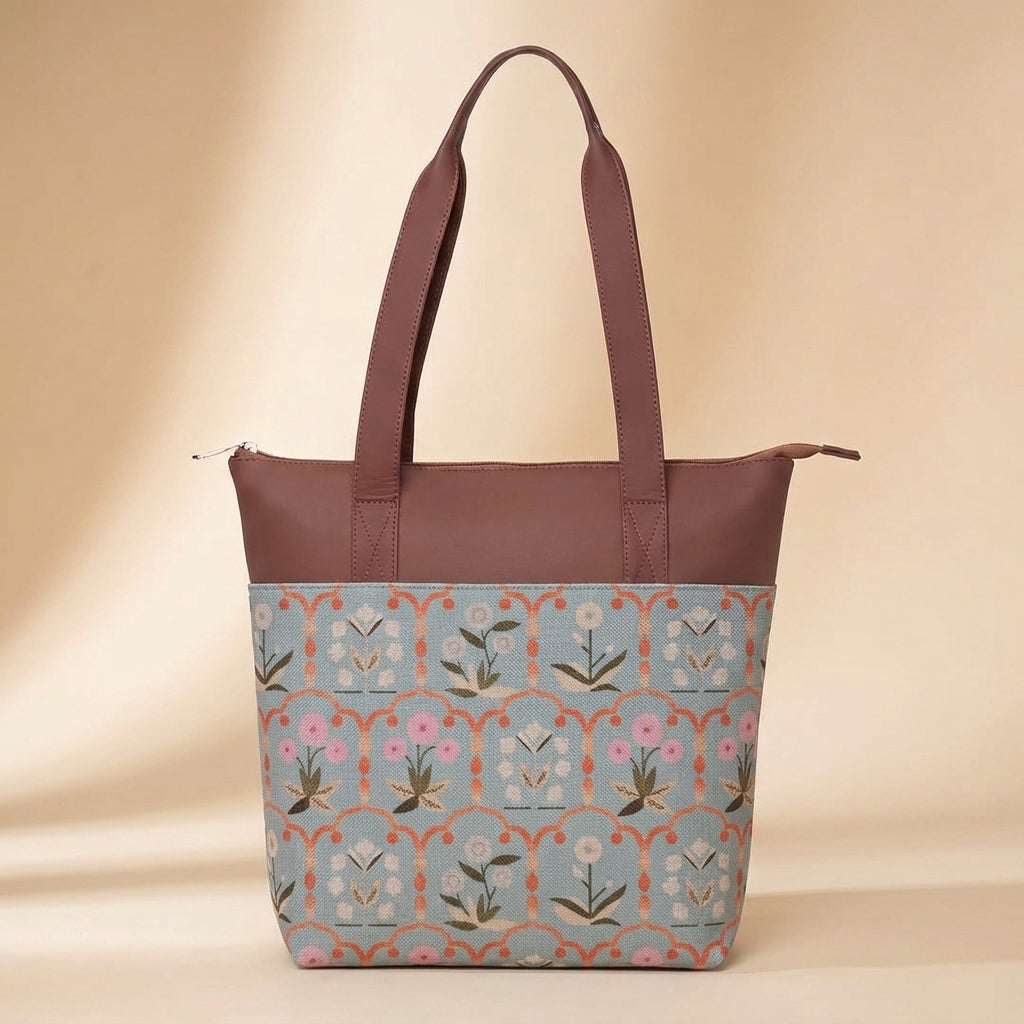 HandyJute Light Blue Floral Print Tote Bag with Brown Handles for Women