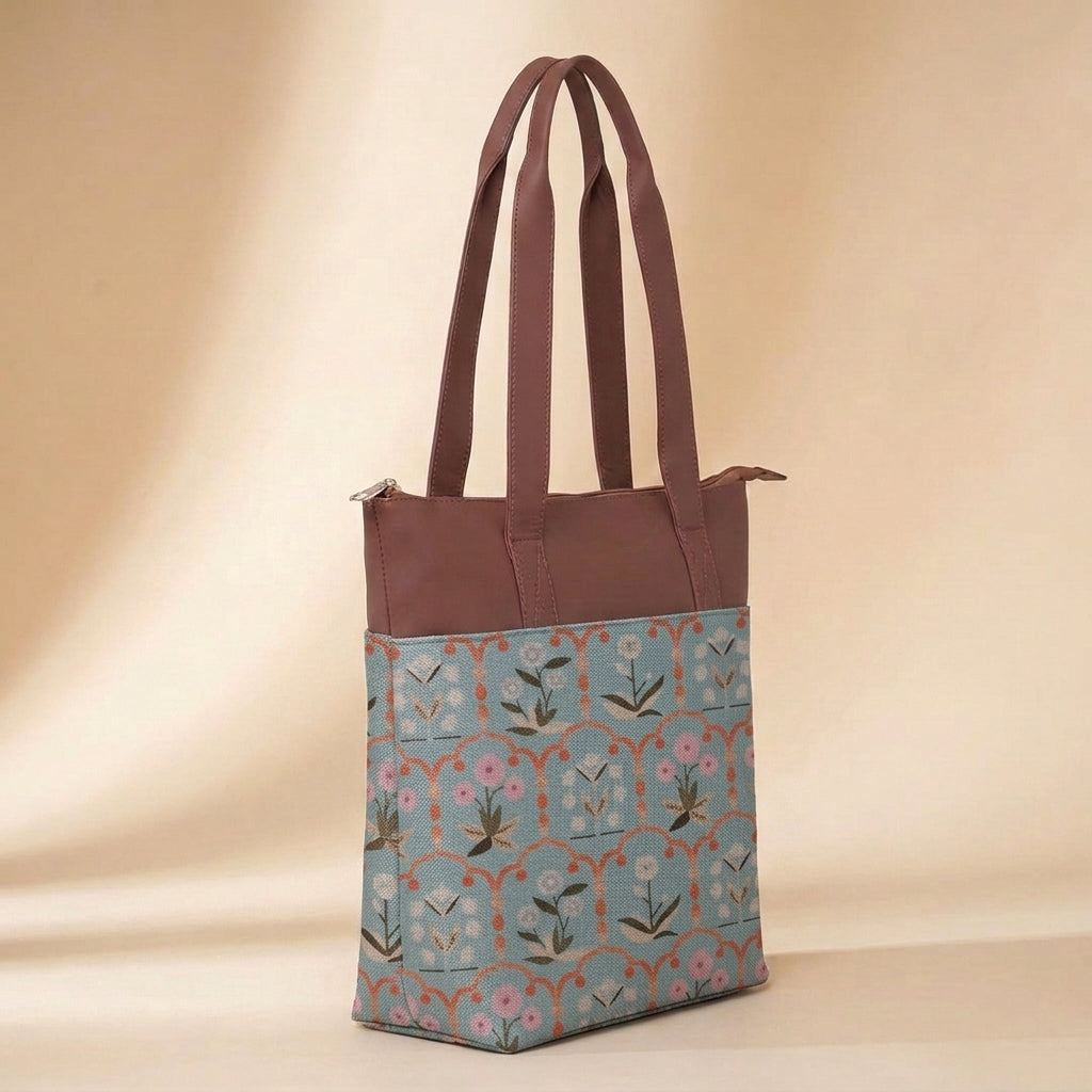 HandyJute Light Blue Floral Print Tote Bag with Brown Handles for Women