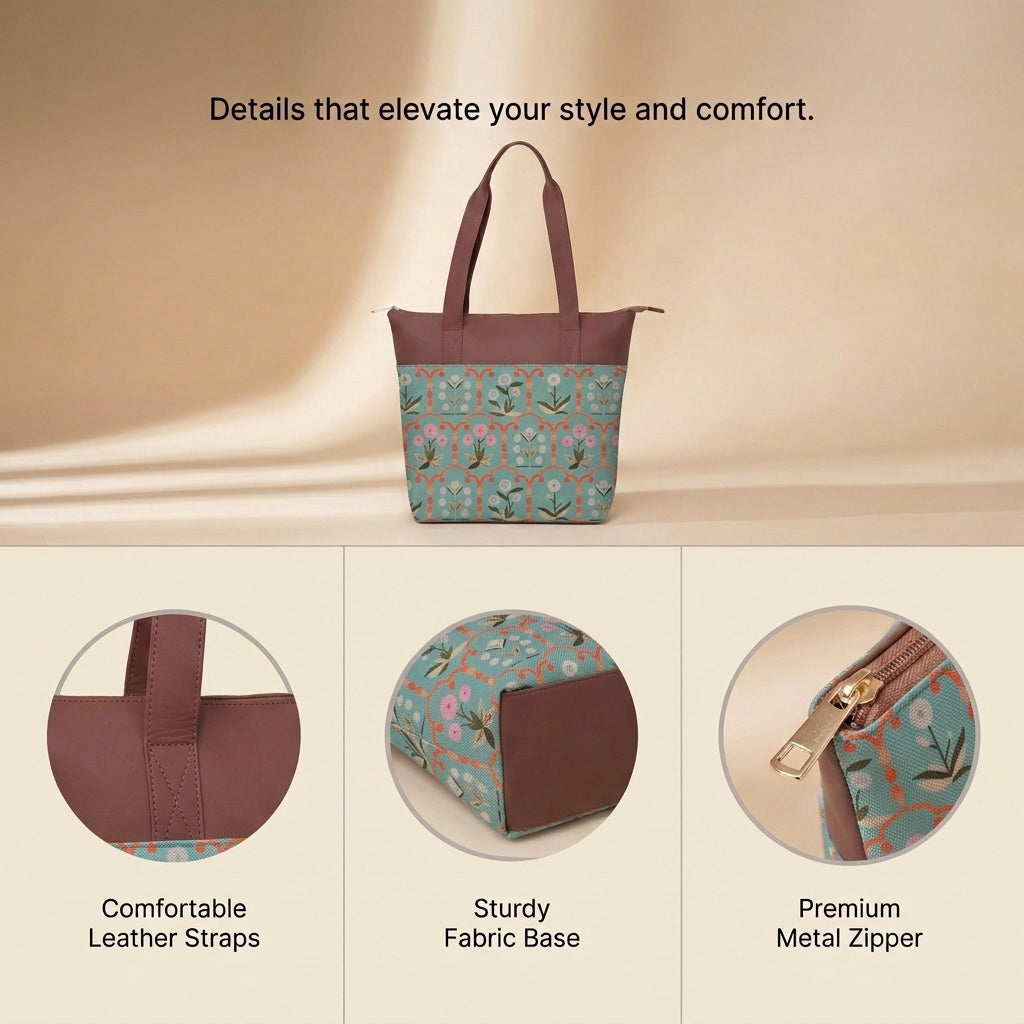 HandyJute Light Blue Floral Print Tote Bag with Brown Handles for Women