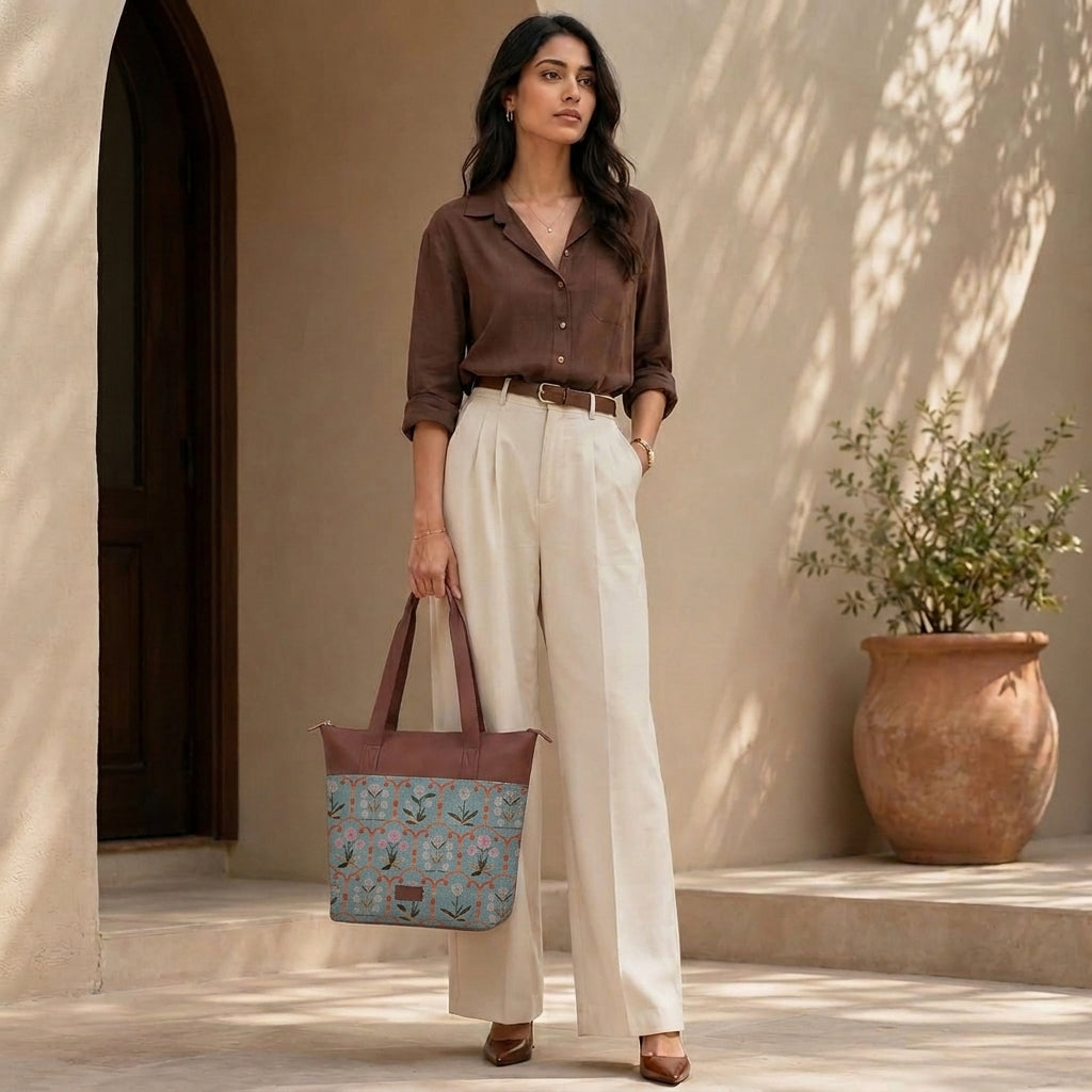 HandyJute Light Blue Floral Print Tote Bag with Brown Handles for Women