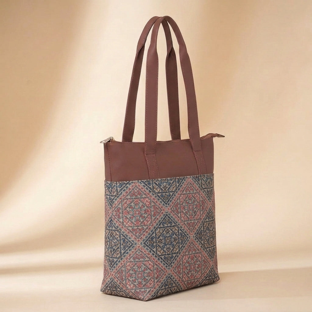 HandyJute Women's Multicolor Geometric Printed Tote Bag with Brown Handles