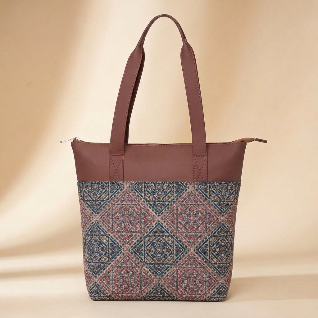 HandyJute Women's Multicolor Geometric Printed Tote Bag with Brown Handles