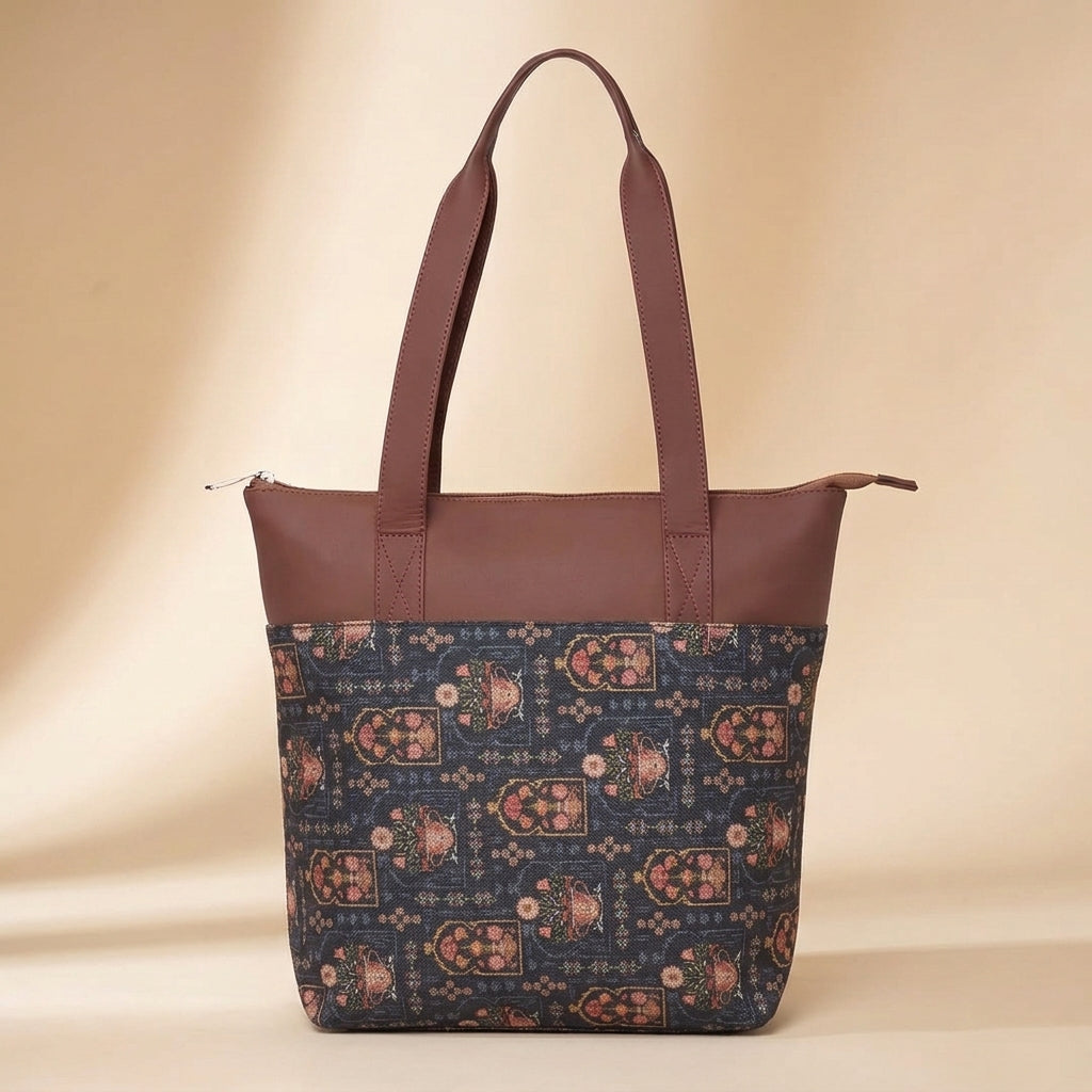 HandyJute Navy Blue Traditional Print Tote Bag with Brown Handles for Women