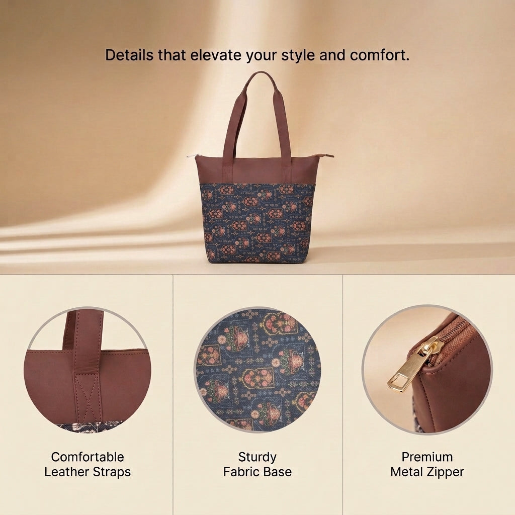 HandyJute Navy Blue Traditional Print Tote Bag with Brown Handles for Women