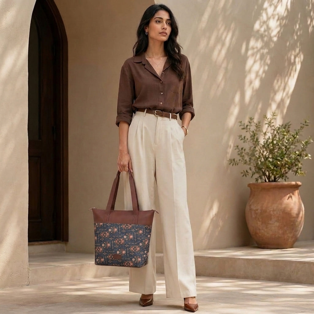 HandyJute Navy Blue Traditional Print Tote Bag with Brown Handles for Women