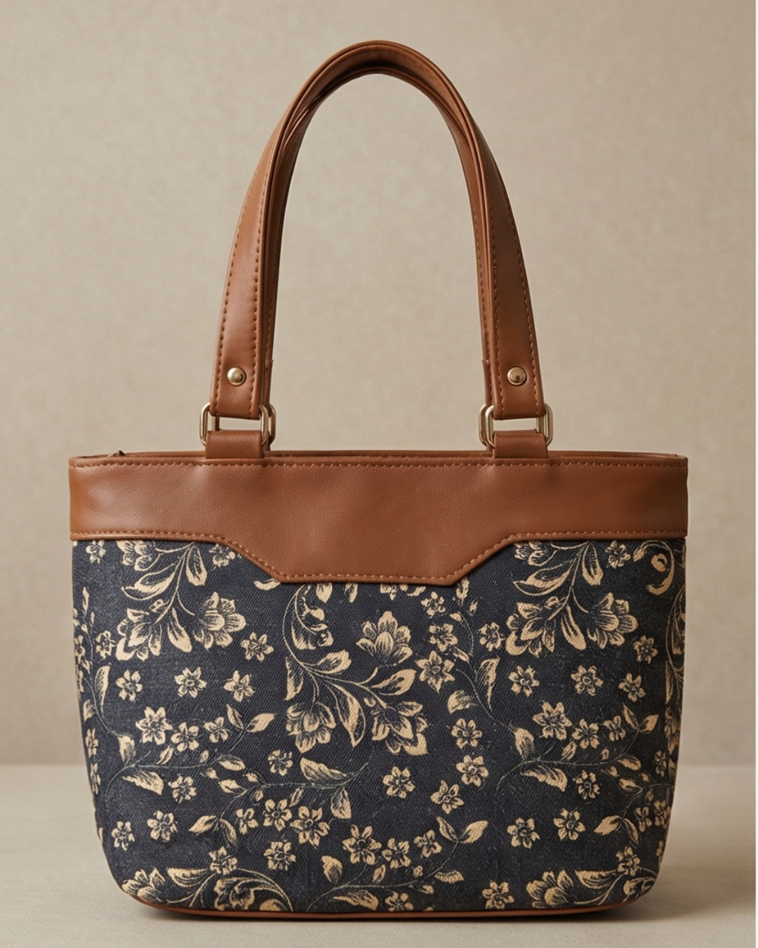 Floral-patterned handbag with brown leather accents on a beige background