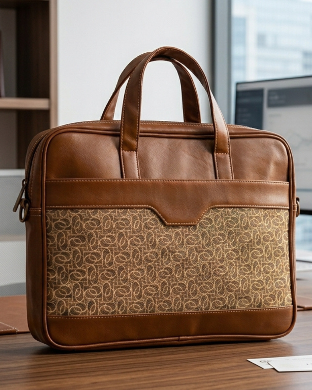 Beige Abstract Loop Women's Laptop Bag with Faux Leather Handles