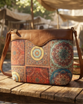 Brown leather crossbody bag with colorful pattern on a wooden surface