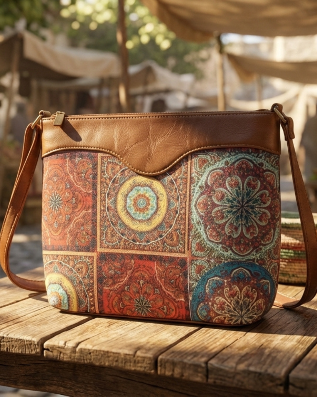 Brown leather crossbody bag with colorful pattern on a wooden surface