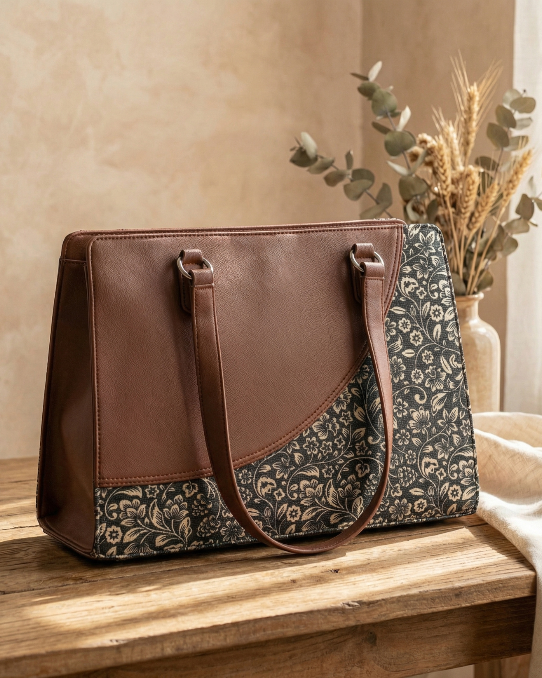 Brown leather handbag with floral patterned flap on a wooden surface