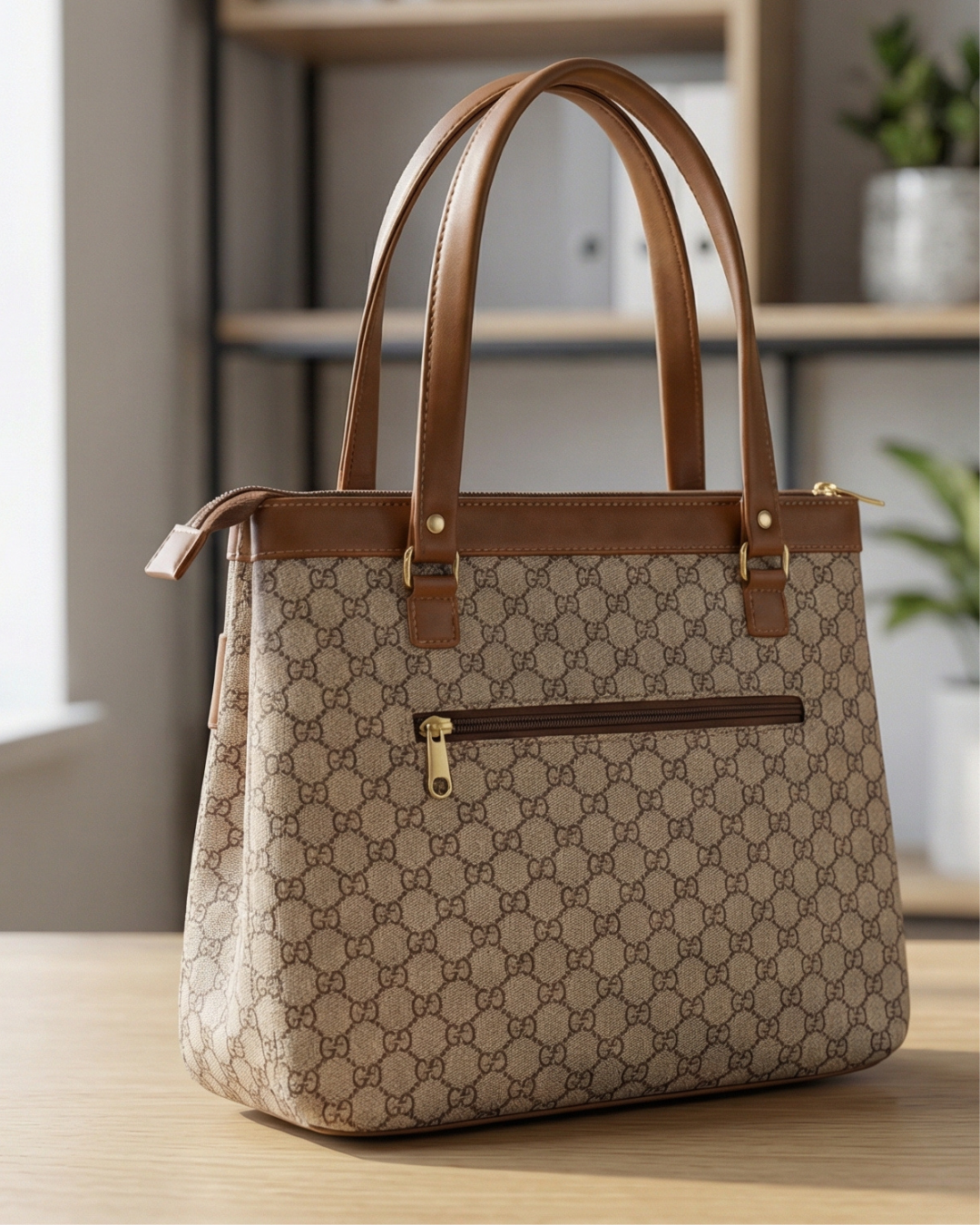 Designer handbag with patterned fabric and brown leather accents on a wooden surface.