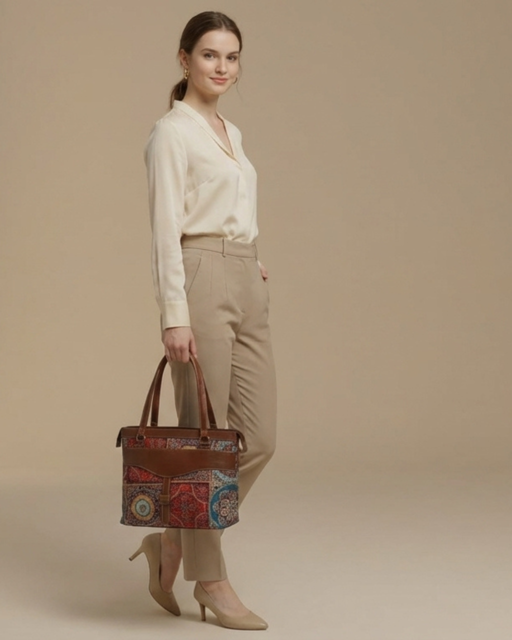 Woman holding a patterned handbag against a beige background