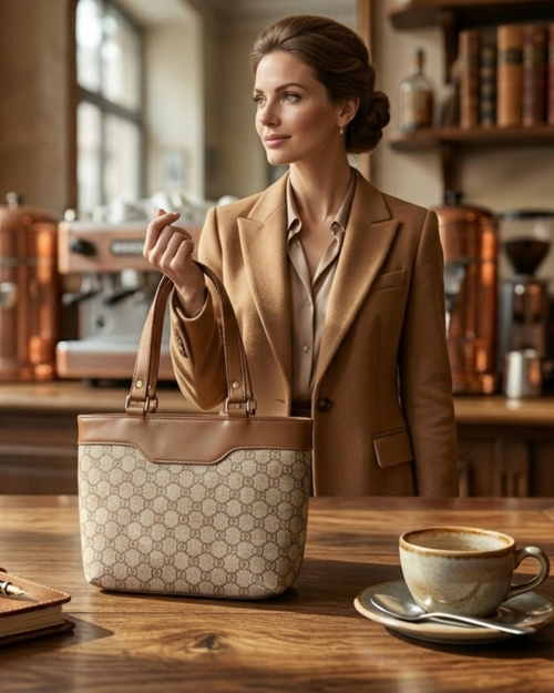 Woman holding a patterned handbag in a coffee shop setting
