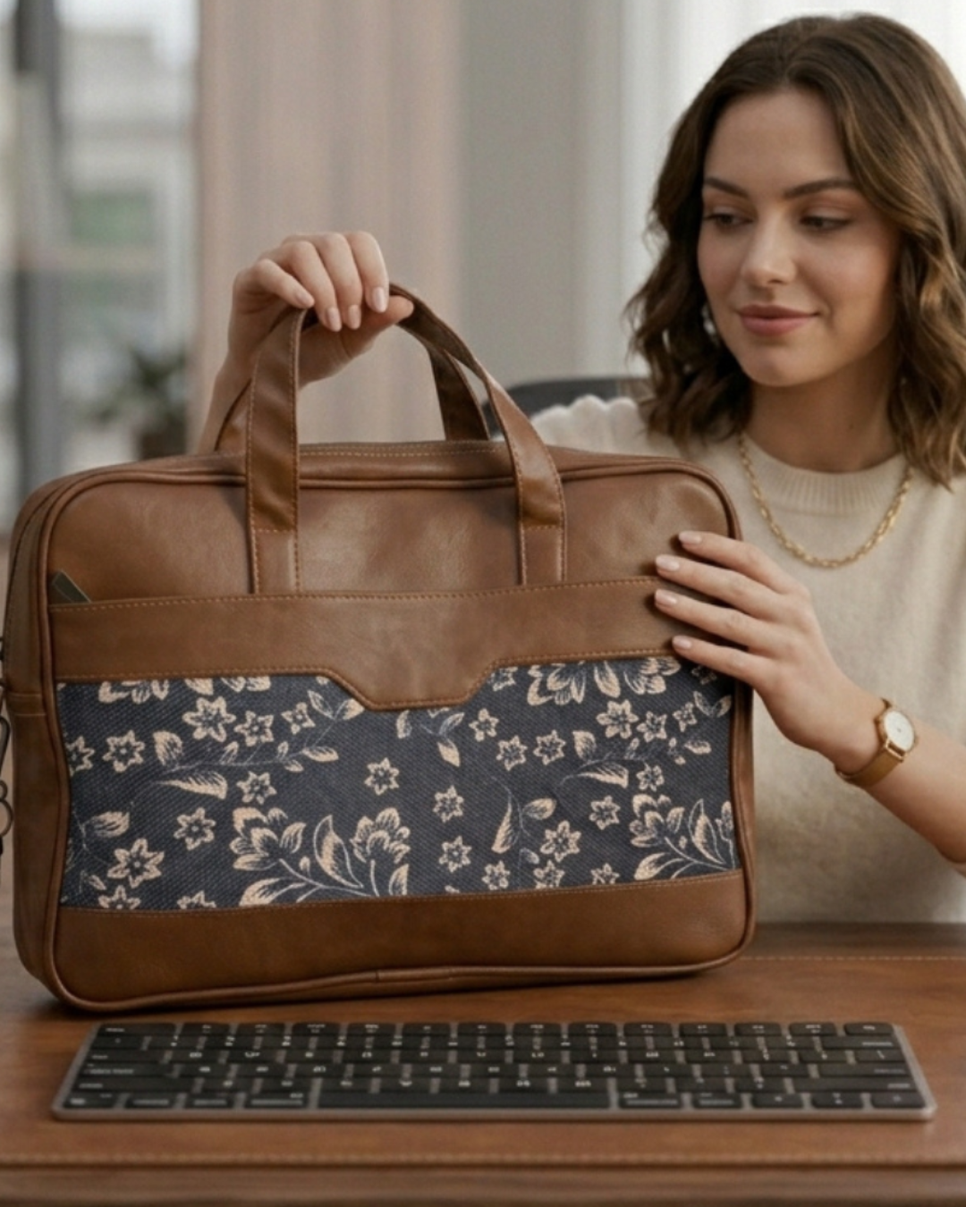 Woman holding a brown leather bag with floral pattern on a desk