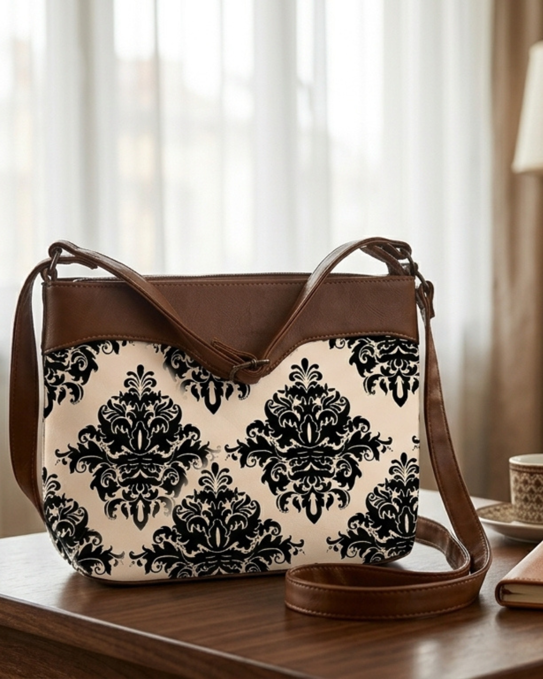 Patterned handbag with brown leather accents on a wooden surface.