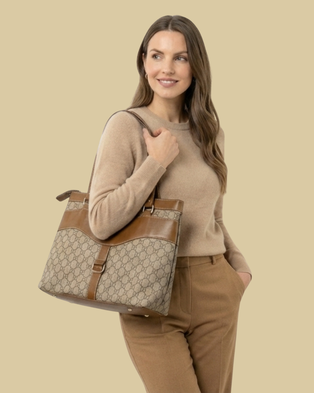 Woman holding a large beige and brown handbag against a beige background