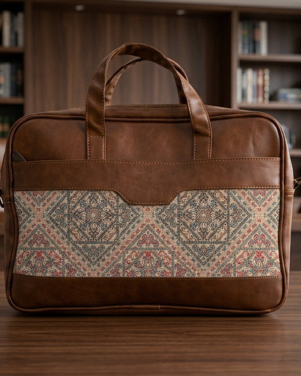 Brown leather bag with patterned flap on a wooden surface