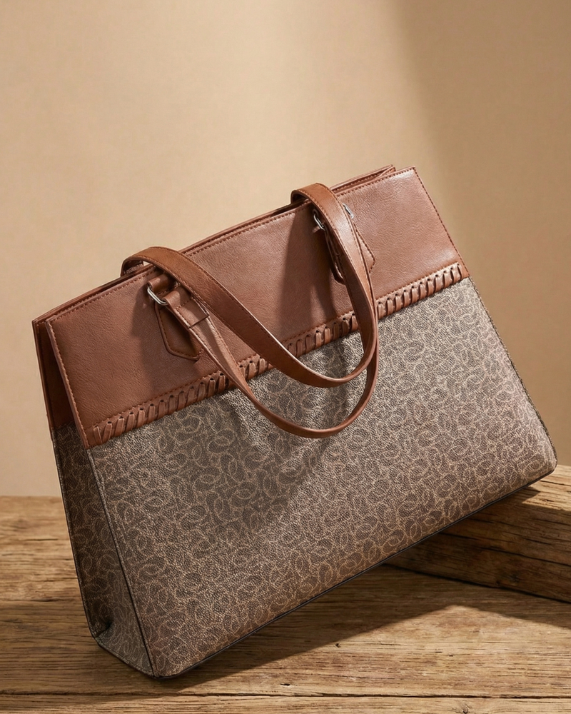 Brown and beige handbag on a wooden surface with a beige background