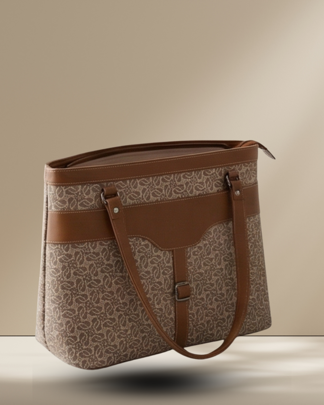 Brown patterned bag with leather straps on a beige background