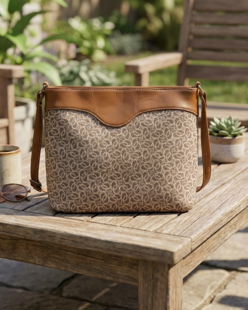Patterned handbag with brown leather accents on a wooden table outdoors.