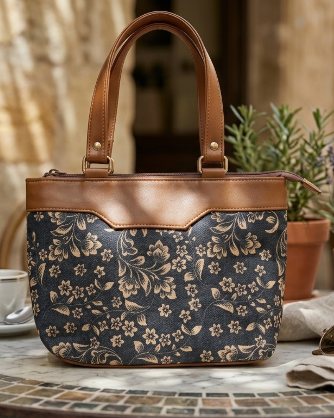 Floral-patterned handbag with brown leather accents on a table with plants in the background