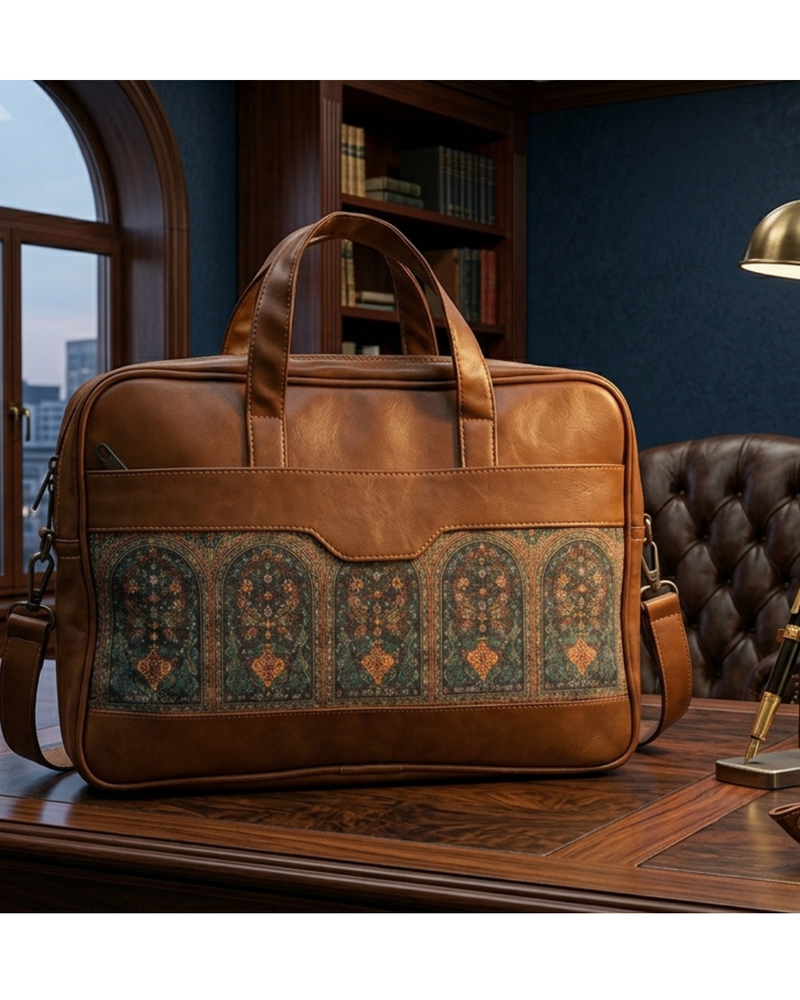 Brown leather briefcase with patterned flap on a wooden desk