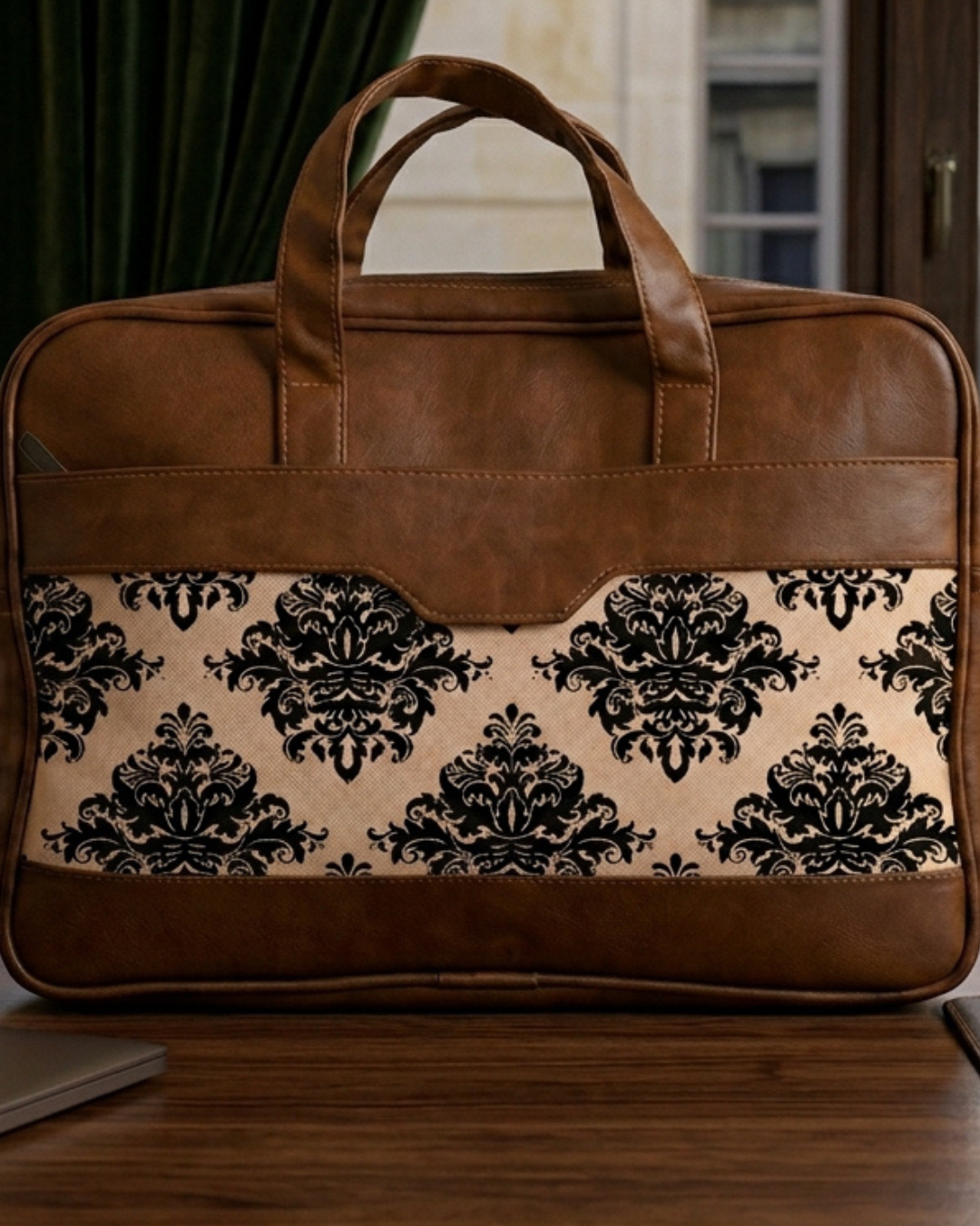 Brown leather briefcase with black floral pattern on a wooden surface