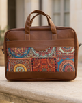 Men's Ethnic Print Canvas & PU Leather Laptop Office Bag