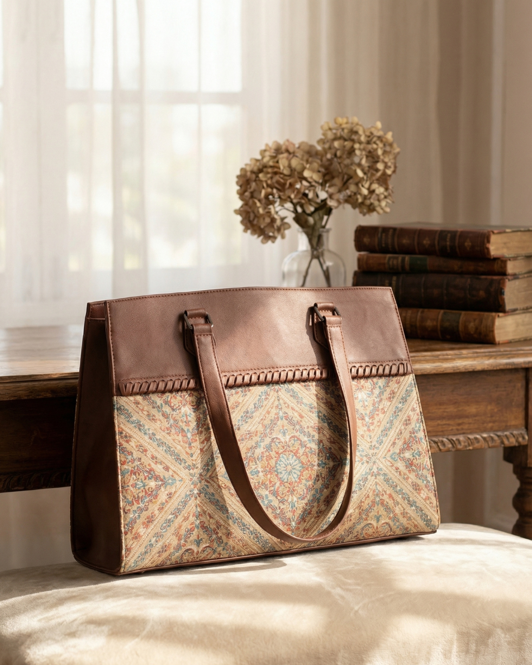 Patterned handbag with brown leather accents on a wooden surface with books and flowers.