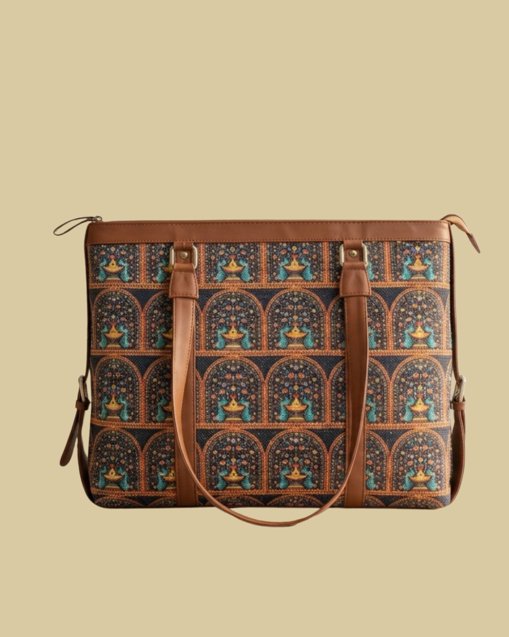 Patterned bag with brown straps on a beige background