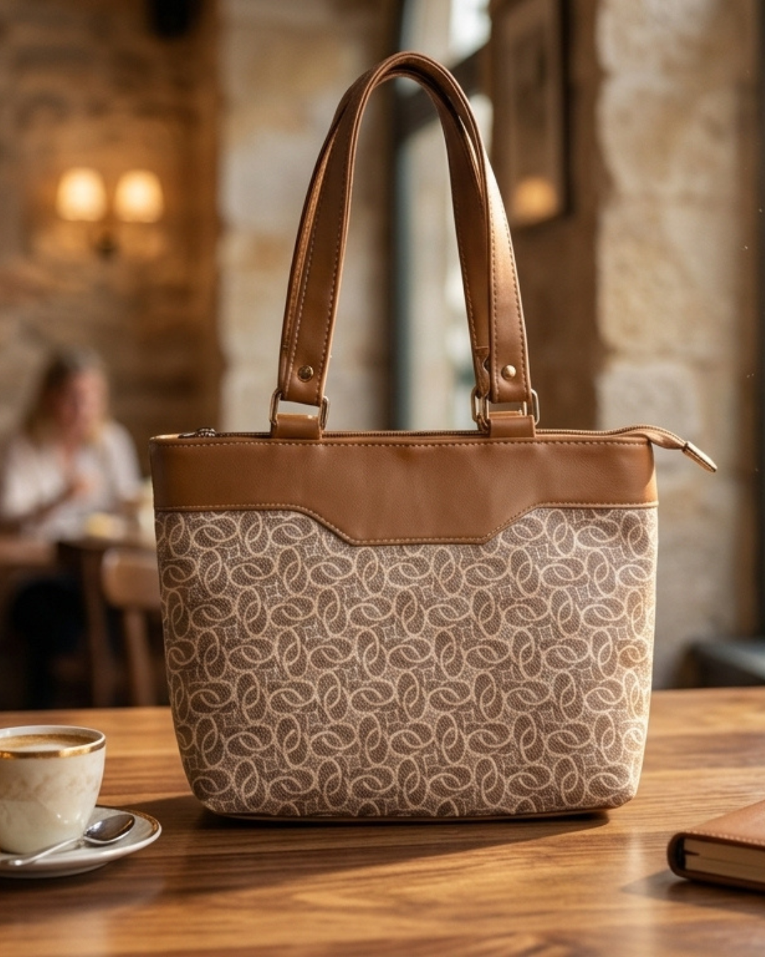 Patterned handbag with brown leather accents on a wooden table in a cozy setting.