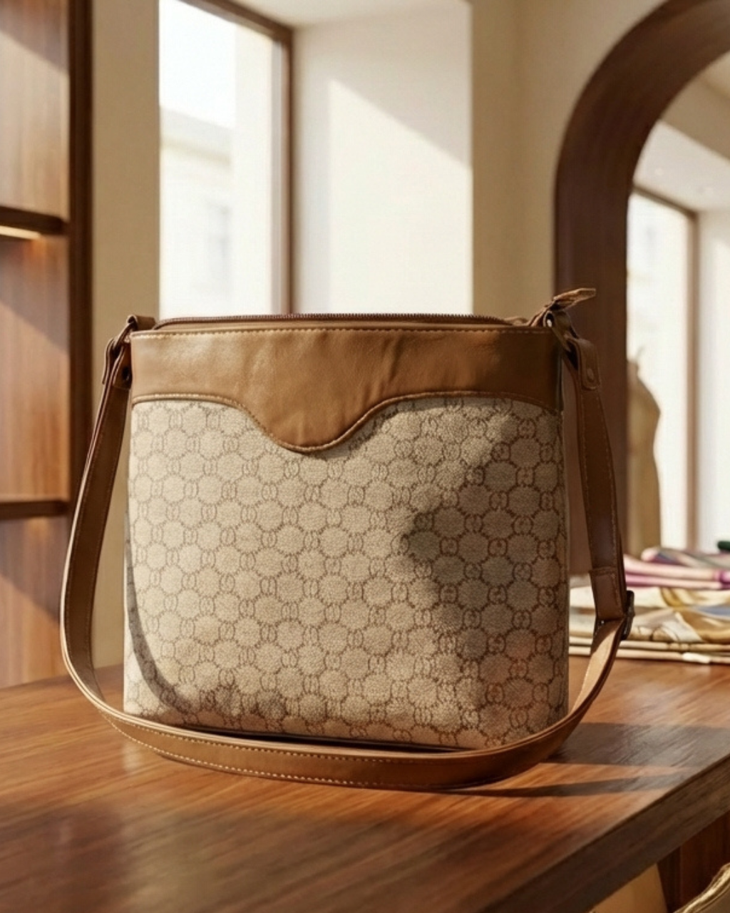 Designer handbag on a wooden surface with a blurred indoor background