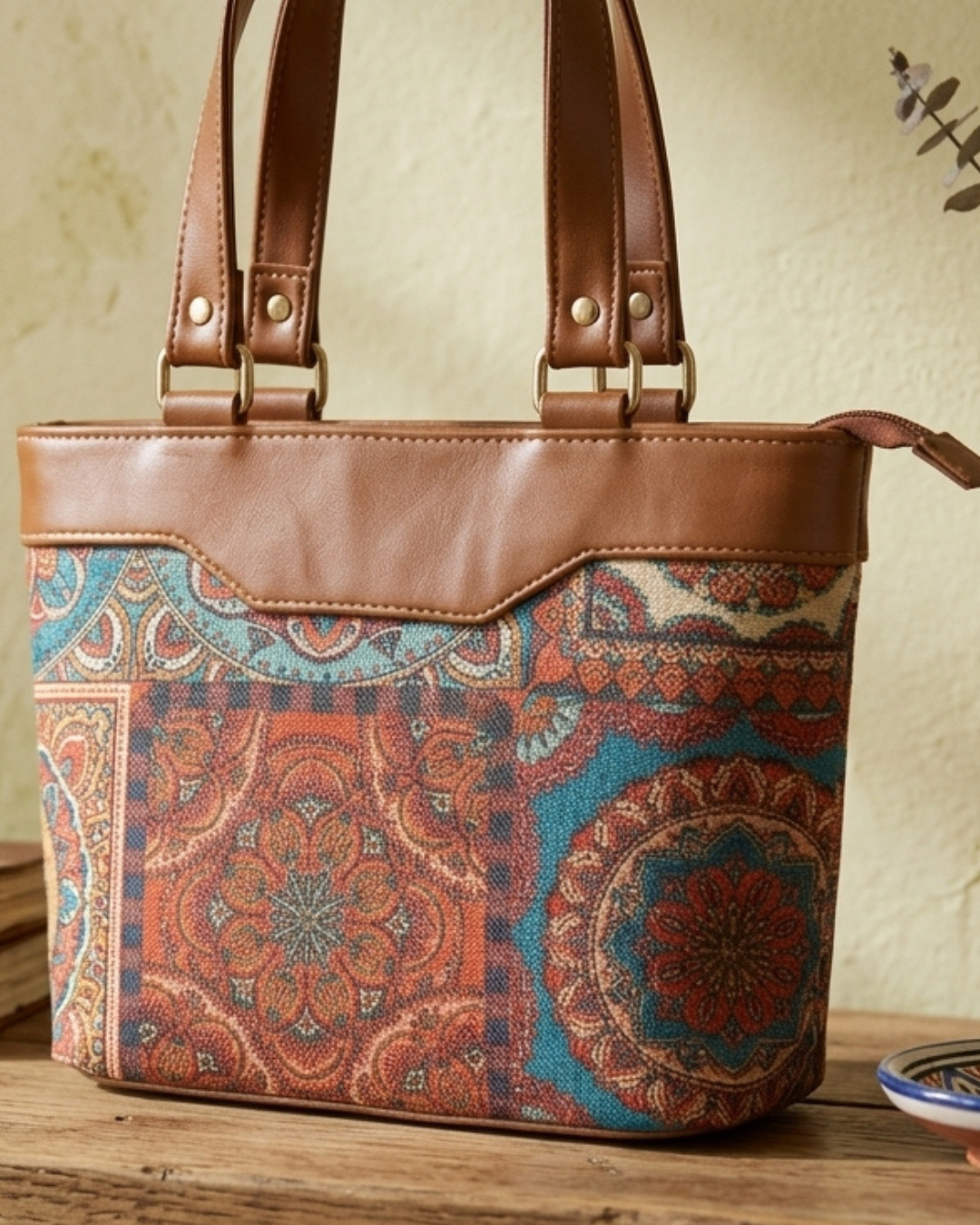 Handbag with patterned top half and brown leather bottom half on a wooden surface.