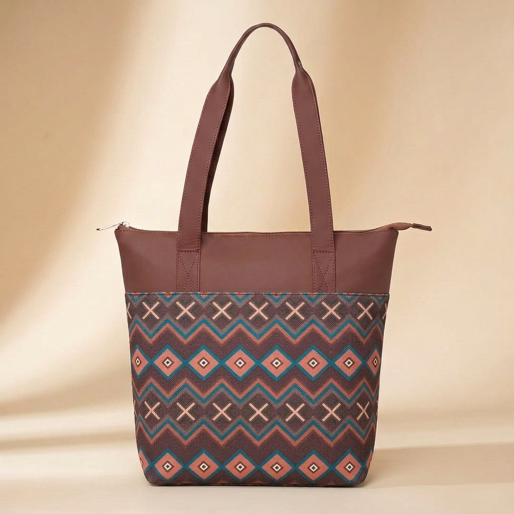 HandyJute Multicolor Geometric Print Tote Bag with Brown Handles for Women