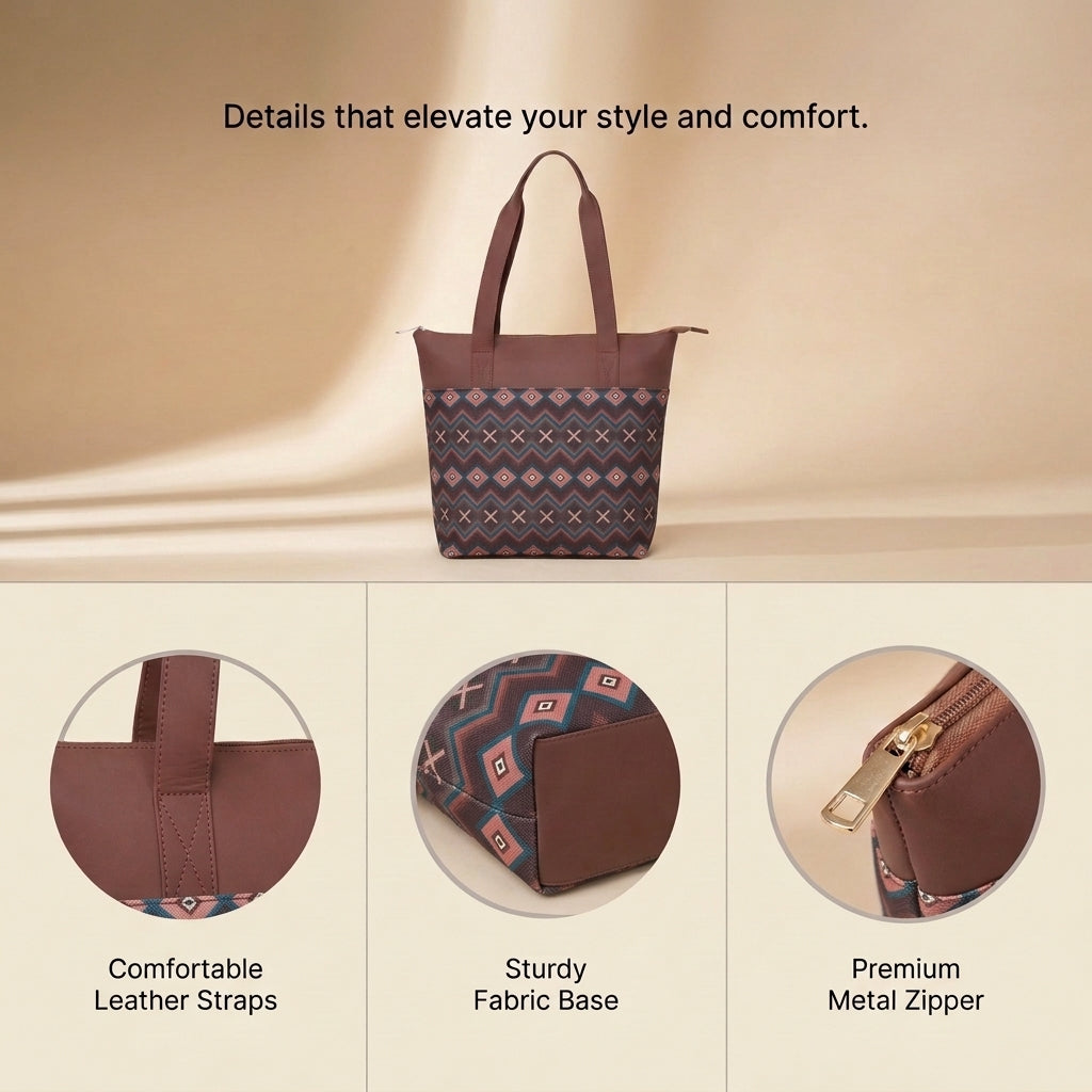 HandyJute Multicolor Geometric Print Tote Bag with Brown Handles for Women