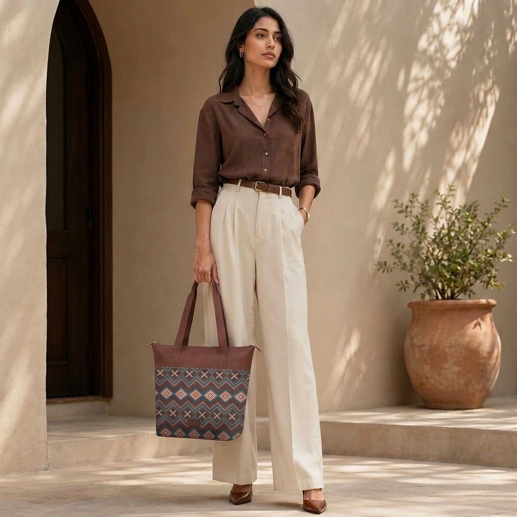 HandyJute Multicolor Geometric Print Tote Bag with Brown Handles for Women